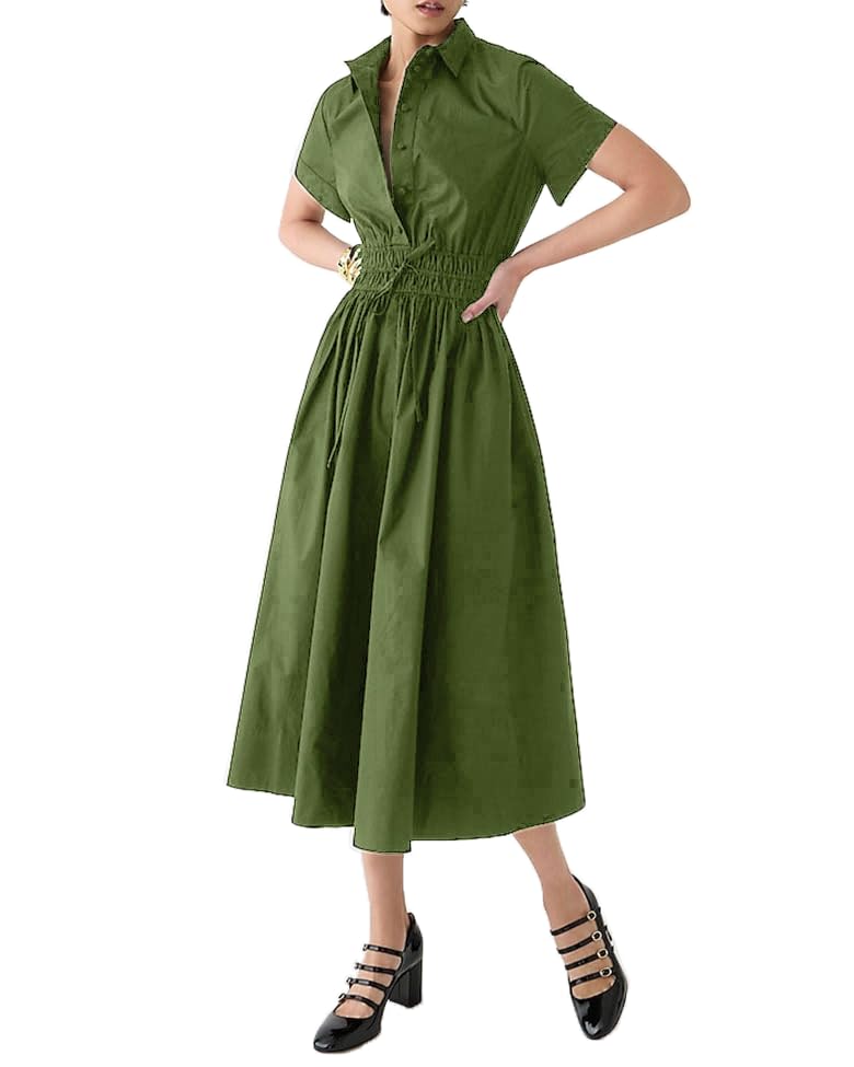 Ladyful Women Casual Button Down Short Sleeve Shirt Dress Tie Waist Midi Shirt Dress Elegant Business Midi Dress Green - Image 1