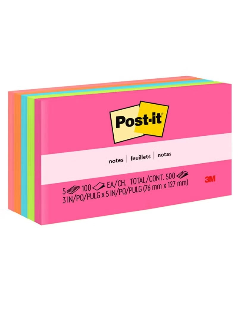 3M 5-Pad Super Sticky Post It Notes 3x5 Inch Size Neon Colours - Image 1
