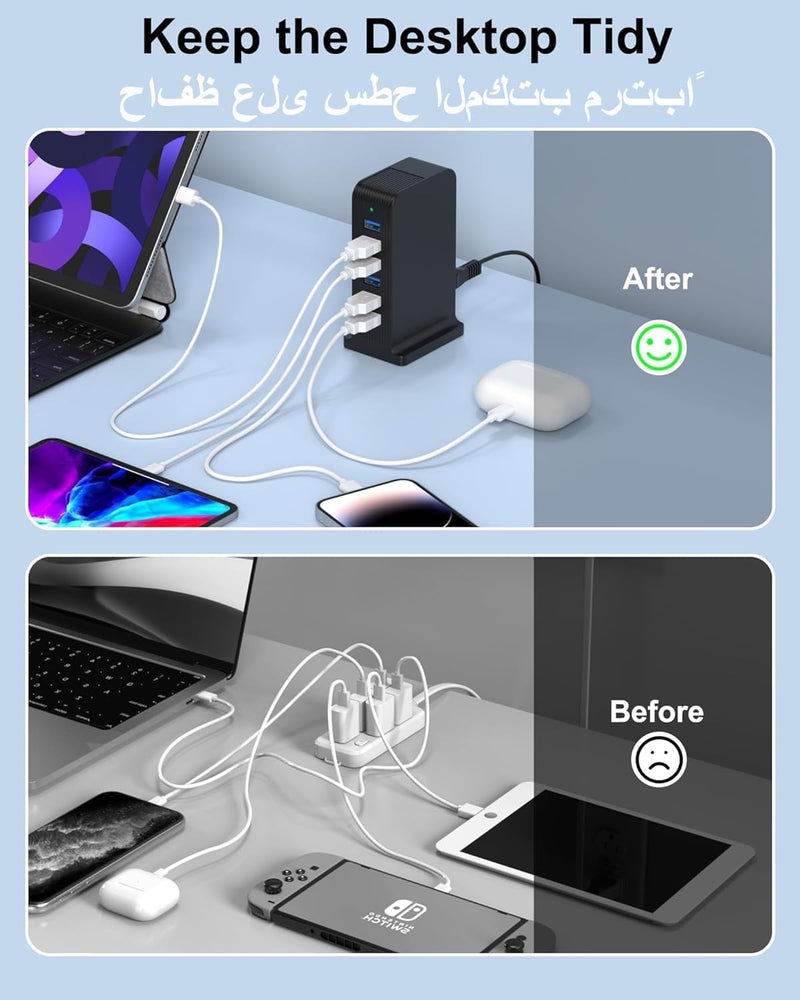 في اتش بي دبليو محطة شحن VHBW 6 منافذ USB، شاحن متعدد الأجهزة بقوة 25 واط، شحن سريع وآمن لأجهزة iPhone وSamsung والمزيد (أسود) - Image 4