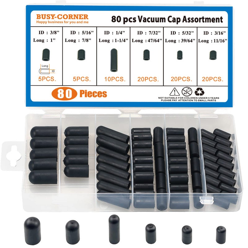 BUSY-CORNER 80PCS Assorted Vacuum Caps Rubber Dropper ID Sizes 5/32" to 3/8", Hose Caps Kit for Carburetor, Manifold (Black) - Image 1