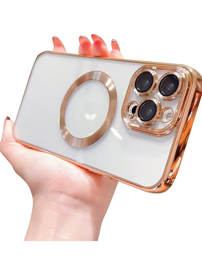 Raxoom Compatible with iPhone 14 Pro Max Case Magnetic with Full Camera Lens Protective,Electroplated Silicone Clear Shockproof Protective Case Cover 6.7 Inch (Gold) - Image 1