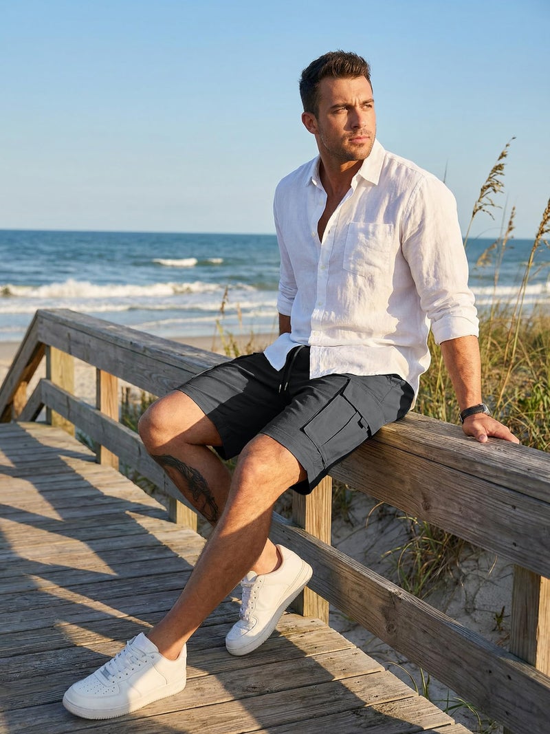 JMIERR Men Casual Stretch Cargo Shorts Classic Drawstring Elastic Waist Summer Beach Short with Multi-Pockets,US 38(XL),Dark Grey - Image 5