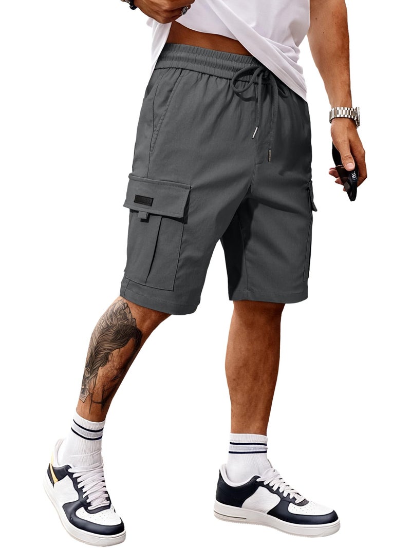 JMIERR Men Casual Stretch Cargo Shorts Classic Drawstring Elastic Waist Summer Beach Short with Multi-Pockets,US 38(XL),Dark Grey - Image 1