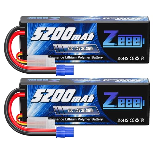 Zeee 7.4V 2S Lipo Battery 5200mAh 80C Hard Case Battery with EC3 Plug for 1/8 1/10 RC Vehicles Car RC Buggy Truggy RC Airplane Drone(2 Pack) - Image 1