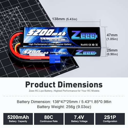 Zeee 7.4V 2S Lipo Battery 5200mAh 80C Hard Case Battery with EC3 Plug for 1/8 1/10 RC Vehicles Car RC Buggy Truggy RC Airplane Drone(2 Pack) - Image 2
