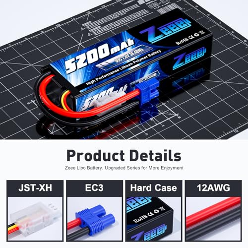 Zeee 7.4V 2S Lipo Battery 5200mAh 80C Hard Case Battery with EC3 Plug for 1/8 1/10 RC Vehicles Car RC Buggy Truggy RC Airplane Drone(2 Pack) - Image 3