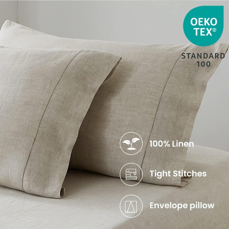 King Linens 100% French Linen Pillowcases with Handmade Hemstitch Lace - Pack of 2 - Washed Solid Color Natural Flax Soft Breathable - Linen, 20'' x 40'' - Image 2