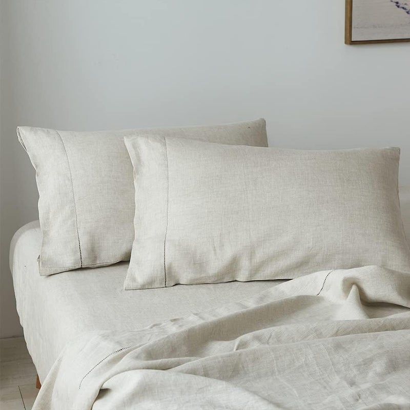 King Linens 100% French Linen Pillowcases with Handmade Hemstitch Lace - Pack of 2 - Washed Solid Color Natural Flax Soft Breathable - Linen, 20'' x 40'' - Image 1