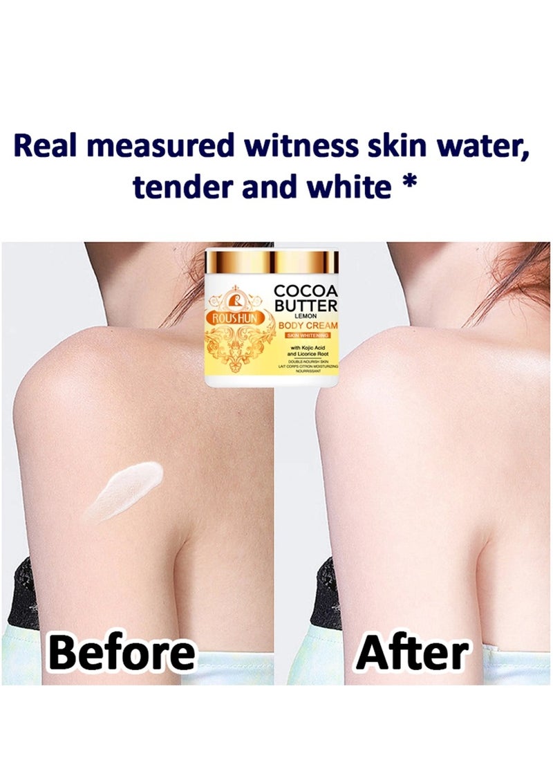 ROUSHUN 500ML Cocoa Butter Lemon Body Cream with Kojic Acid and Licorice Root Skin Whitening & Fade Out Cocoa Butter Body Lotion Moisturizing Hydrating Nourishing Cream for Women and Men  - Image 2