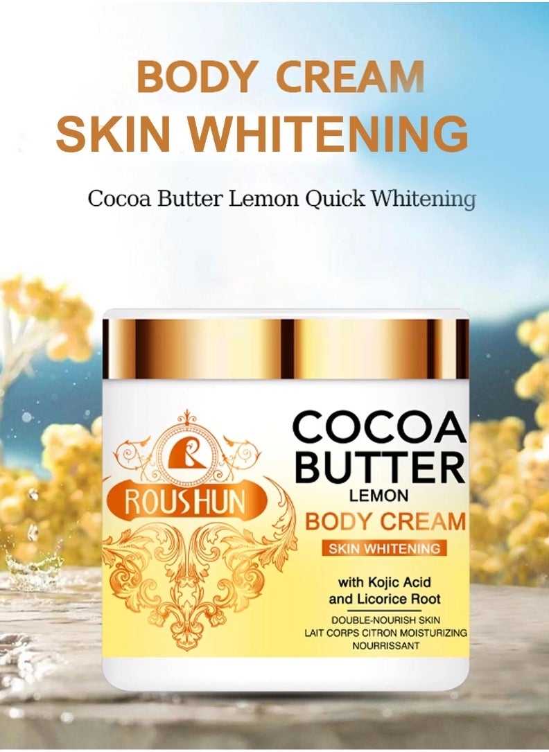 ROUSHUN 500ML Cocoa Butter Lemon Body Cream with Kojic Acid and Licorice Root Skin Whitening & Fade Out Cocoa Butter Body Lotion Moisturizing Hydrating Nourishing Cream for Women and Men  - Image 3