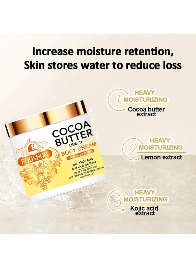 ROUSHUN 500ML Cocoa Butter Lemon Body Cream with Kojic Acid and Licorice Root Skin Whitening & Fade Out Cocoa Butter Body Lotion Moisturizing Hydrating Nourishing Cream for Women and Men  - Image 4