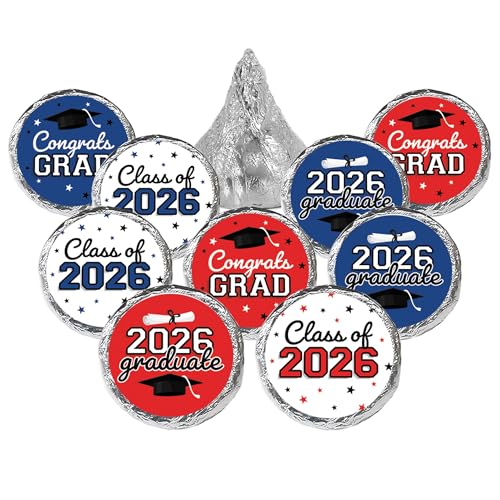 DISTINCTIVS Red White and Blue Graduation Candy Stickers for Chocolate Drops Class of 2026 Grad Party Favors  216 Count - Image 1