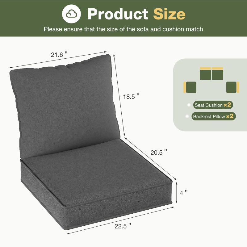 Aoxun Replacement Cushions for Outdoor Furniture, 4-Piece Outdoor Cushions for Patio Furniture, Deep Seat, Waterproof & Fade Resistant Couch Cushion for 4-Seat Patio Conversation Sets, Grey - Image 3