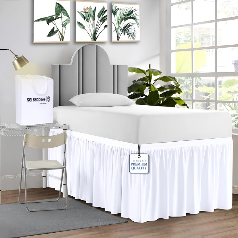 SGI bedding Dorm Bed Skirt Twin XL 32 Inch Drop Length  White Ruffled Pattern College Dorm Room Bed Skirts  Split Corner Easy Care Wrinkle Free 1800 Series Microfiber Bed Skirt