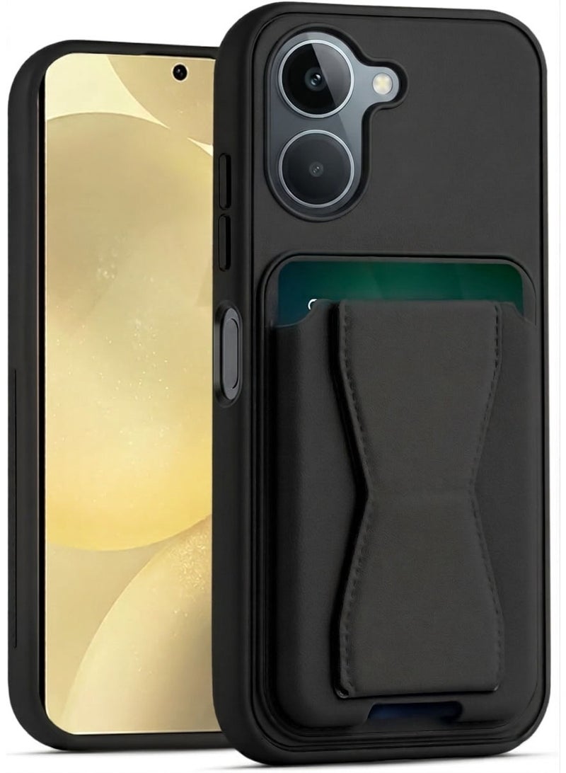 جراب محفظة جلدي لهاتف Redmi A5 4G / Poco C71 4G، غطاء هاتف أسود مقاوم للصدمات مع حامل بطاقات ومسند
