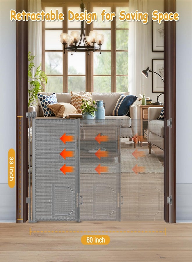 Sair pet Reinforced 60” Wide Retractable Dog Gate with Cat Door Gates for Pets with Reinforced Strips 33” Tall Mesh Baby Gate Retractable Pet Gates for Dogs Indoor with Door Cats Can in and Out Freely, Gray - Image 4