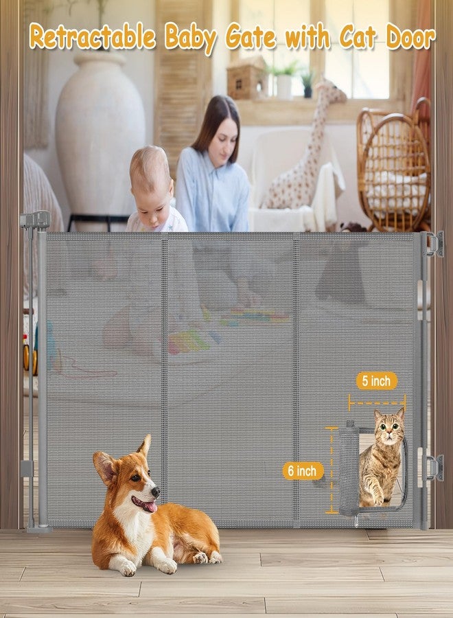 Sair pet Reinforced 60” Wide Retractable Dog Gate with Cat Door Gates for Pets with Reinforced Strips 33” Tall Mesh Baby Gate Retractable Pet Gates for Dogs Indoor with Door Cats Can in and Out Freely, Gray - Image 2