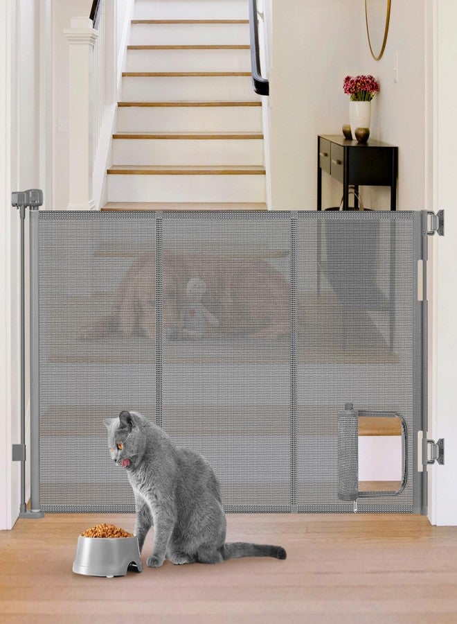 Sair pet Reinforced 60” Wide Retractable Dog Gate with Cat Door Gates for Pets with Reinforced Strips 33” Tall Mesh Baby Gate Retractable Pet Gates for Dogs Indoor with Door Cats Can in and Out Freely, Gray - Image 1