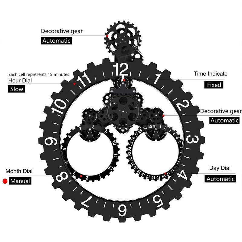 SHISEDECO Hour and Days Display Design Premium Plastic 3D Moving Large Gear Wheel Wall Clock, Perfect for Living Room, Reading-Room, Restaurant, Office Decor (B-Black) - Image 2