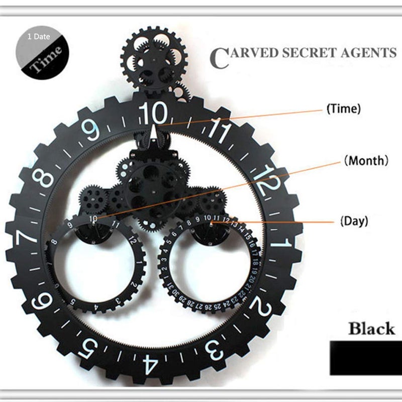 SHISEDECO Hour and Days Display Design Premium Plastic 3D Moving Large Gear Wheel Wall Clock, Perfect for Living Room, Reading-Room, Restaurant, Office Decor (B-Black) - Image 4