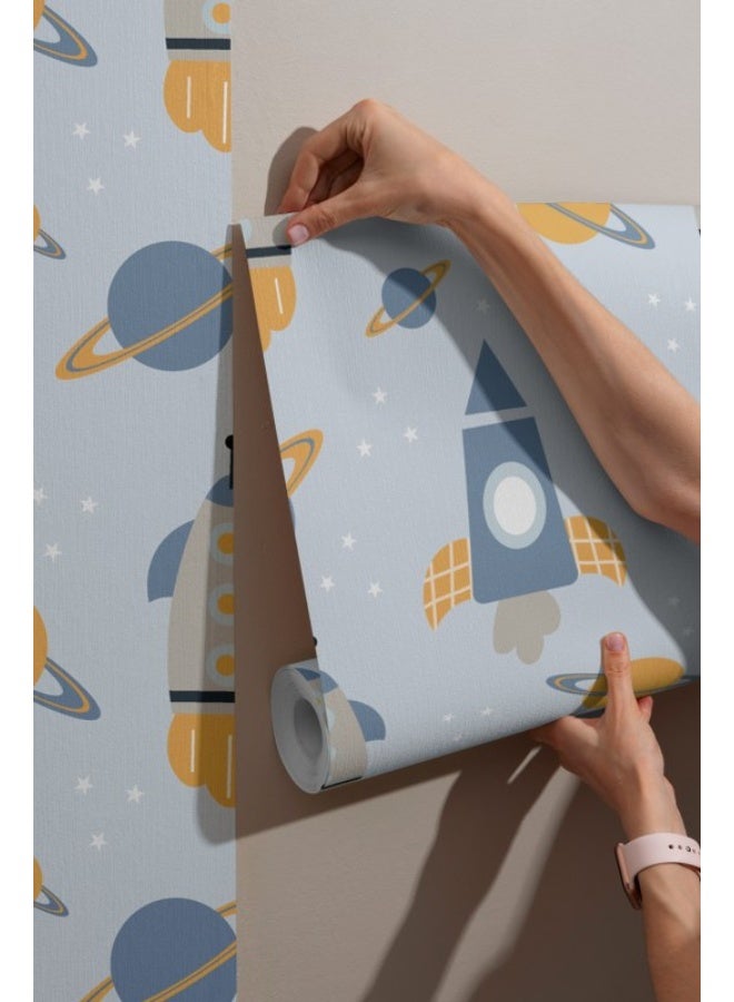 Home Gallery Cartoon Planets In Doodle Style Fabric Wallpaper Covers An Area ​​Up To 4.2Mx3M With Adhesive  And Smoothing Tool - Image 1
