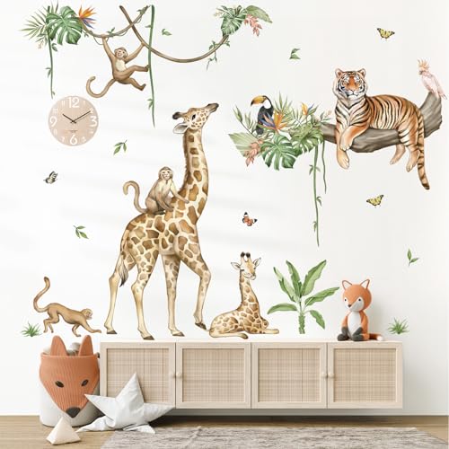 wondever Large Jungle Animal Tree Branch Wall Stickers Safari Giraffe Tiger Monkey Peel and Stick Wall Art Decals for Baby Nursery Kids Bedroom Playroom - Image 1