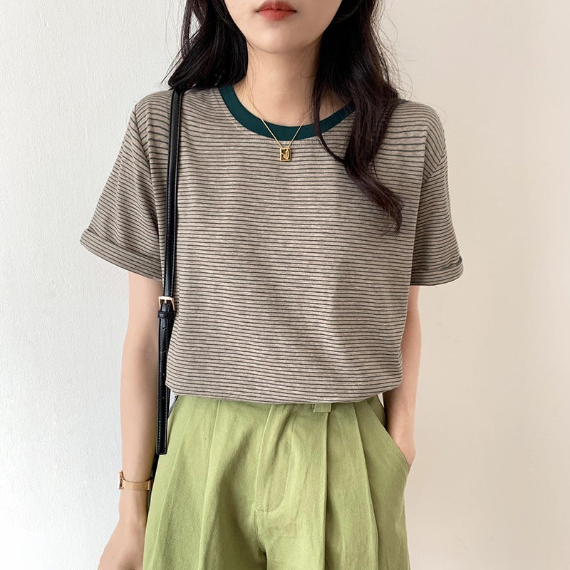 Real S T-Shirt Striped Round Neck Loose Short-Sleeved Women'S Summer 2021 New Ins Censored Color-Matching Half-Sleeved Top Trendy - Image 4