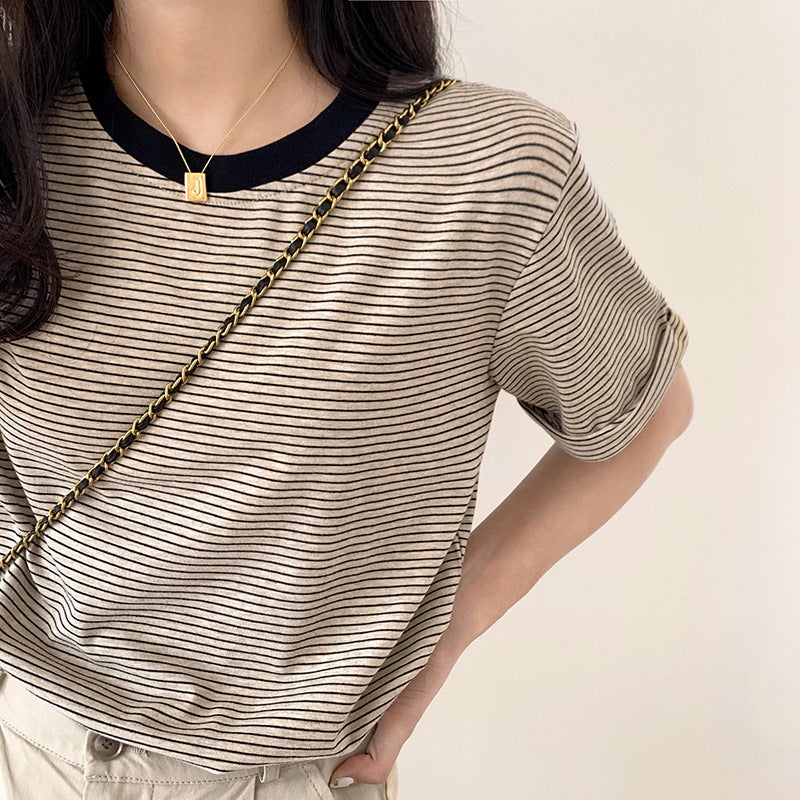 Real S T-Shirt Striped Round Neck Loose Short-Sleeved Women'S Summer 2021 New Ins Censored Color-Matching Half-Sleeved Top Trendy - Image 3