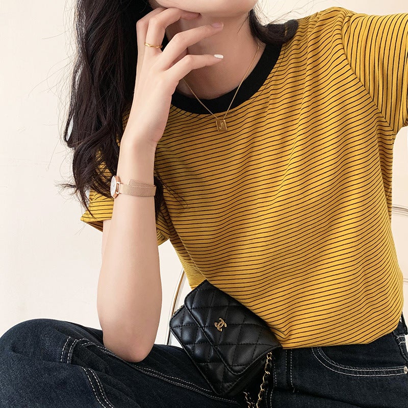 Real S T-Shirt Striped Round Neck Loose Short-Sleeved Women'S Summer 2021 New Ins Censored Color-Matching Half-Sleeved Top Trendy - Image 1