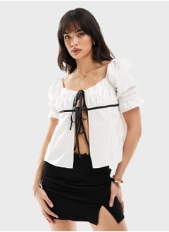 Miss Selfridge Poplin Contrast Bow Detail Top  - Image 1