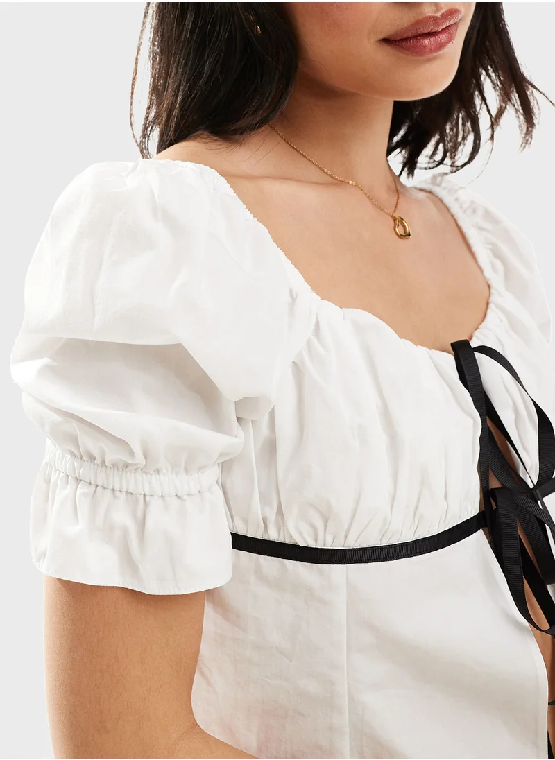 Miss Selfridge Poplin Contrast Bow Detail Top