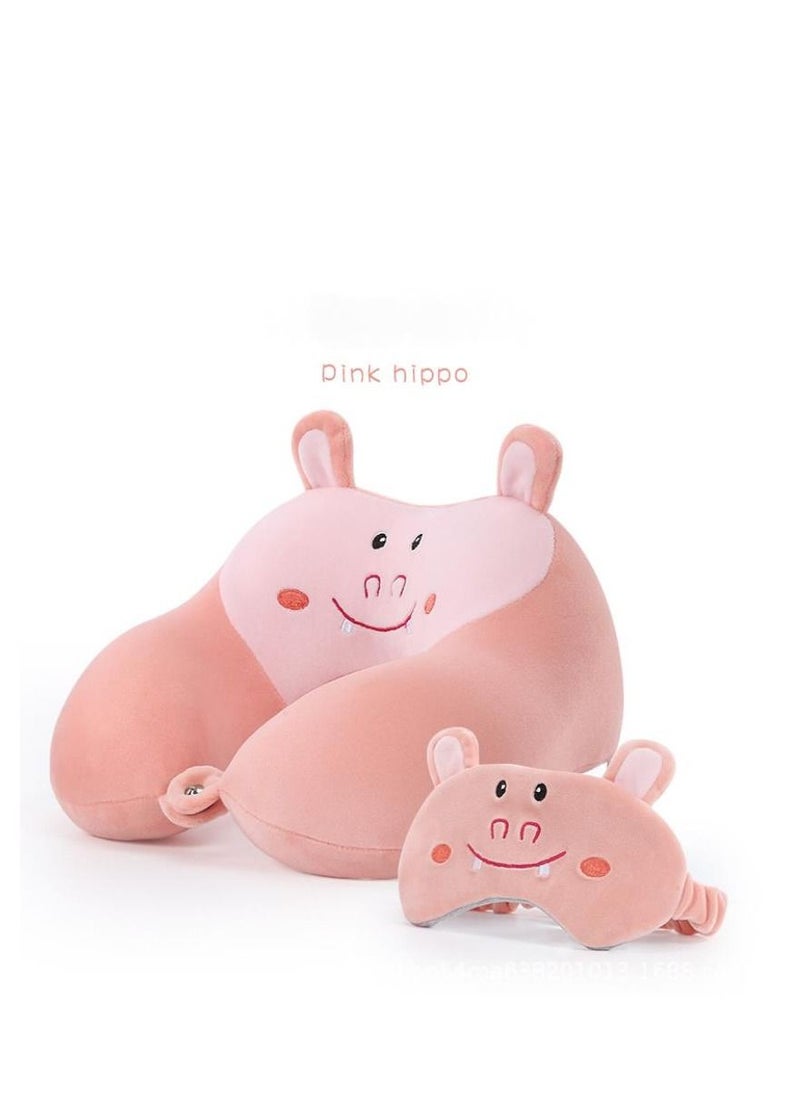 Y&D Travel Pillow for Kids and Adults Animal Memory Foam Neck with Soft Fleece Cover Eye Mask Set Airplane Kit Drawstring Organizer Bag Machine Washable (Hippo)  - Image 1