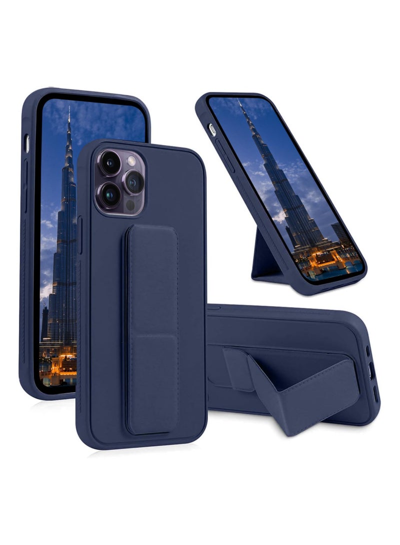 ACLIX Leather Case with grip for iPhone 15 Pro, Magnetic Cover Car Mount Kickstand & Holder, Premium Silicone Vertical & Horizontal Hand Strap and Grip with Multi Stand for iPhone 15 Pro (Dark Blue) - Image 1