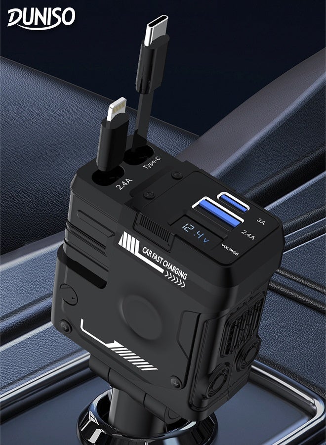 DUNISO Retractable Car Charger 4 in 1 Car Fast Charger with Retractable Cables and Display 66W Car Cigarette Lighter Phone Charger Compatible with Most Phone Models - Image 1