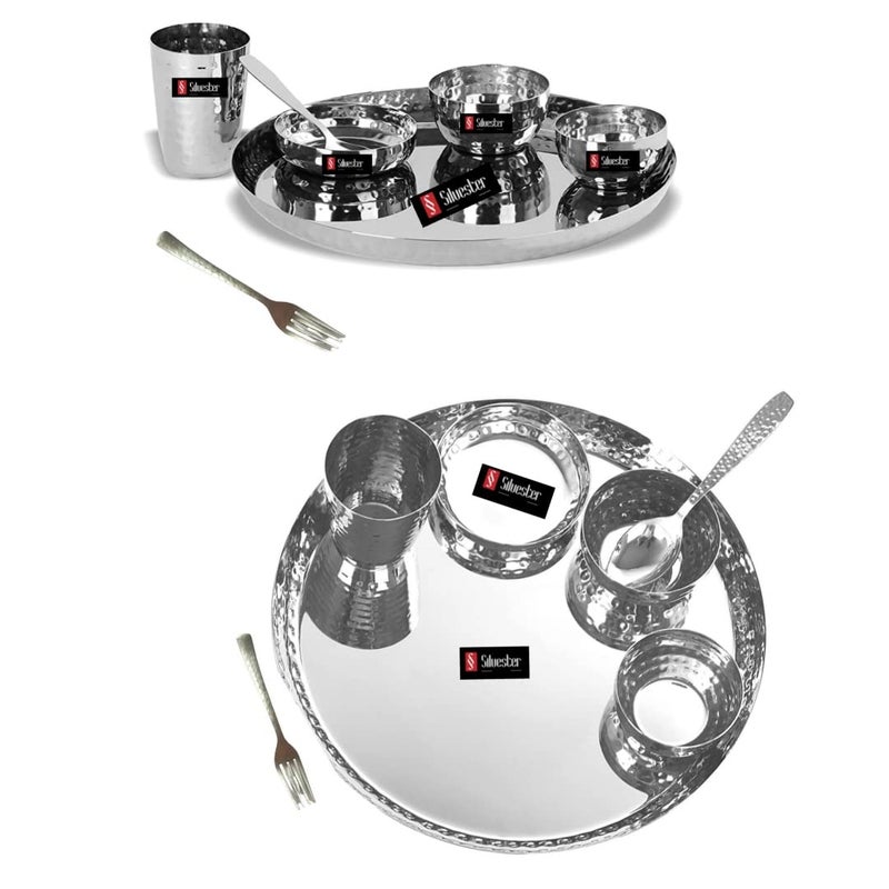 SILVESTER Stainless Steel Handcrafted Designer Hammered Texture Heavy Cauge Mirror Finish Royal Dinner Set of 2 Thali 4 Bowl 2 Halwa Plate 2 Glass 2 Spoon 2 Fork Spoon Pack of 14 Silver - Image 4