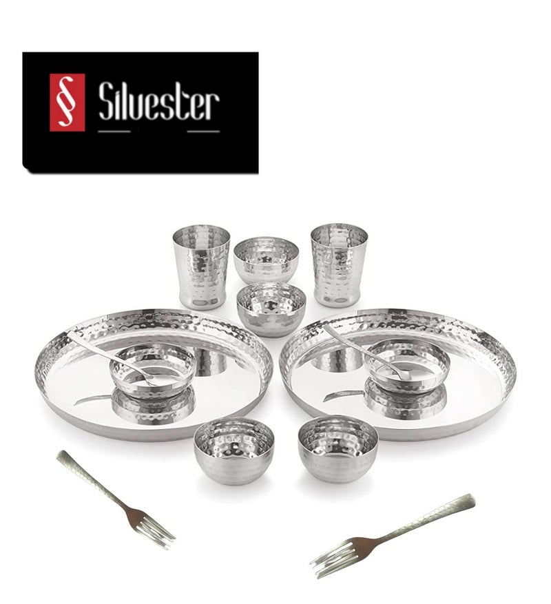 SILVESTER Stainless Steel Handcrafted Designer Hammered Texture Heavy Cauge Mirror Finish Royal Dinner Set of 2 Thali 4 Bowl 2 Halwa Plate 2 Glass 2 Spoon 2 Fork Spoon Pack of 14 Silver - Image 2