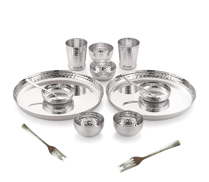 SILVESTER Stainless Steel Handcrafted Designer Hammered Texture Heavy Cauge Mirror Finish Royal Dinner Set of 2 Thali 4 Bowl 2 Halwa Plate 2 Glass 2 Spoon 2 Fork Spoon Pack of 14 Silver - Image 1