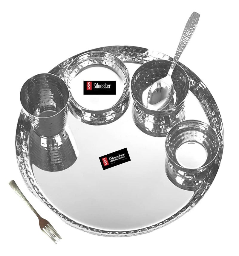 SILVESTER Stainless Steel Handcrafted Designer Hammered Texture Heavy Cauge Mirror Finish Royal Dinner Set of 2 Thali 4 Bowl 2 Halwa Plate 2 Glass 2 Spoon 2 Fork Spoon Pack of 14 Silver - Image 5
