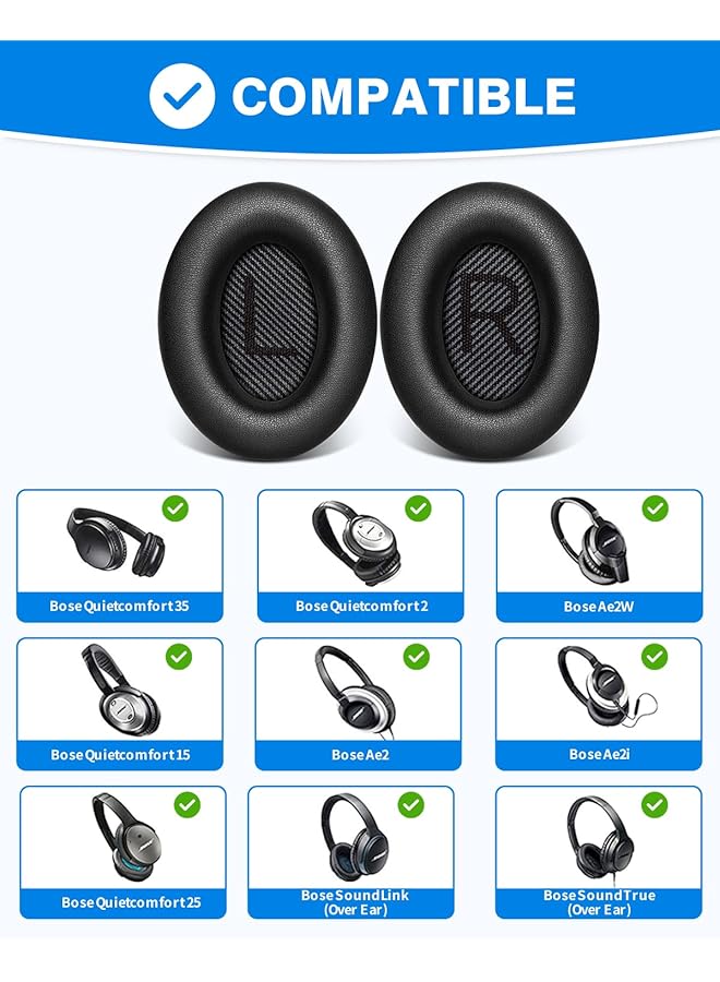 إيروريكس طقم وسائد أذن بديلة من الجلد البروتيني الناعم لسماعات Bose Quiet Comfort 35، لسماعات Bose Qc 35 25 15 Qc2 Ae2 Ae2I Ae2W Sound Link Sound True باللون الأسود - Image 2