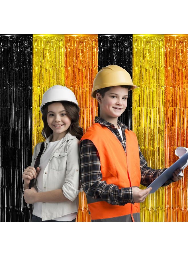 partyzoa 2 Pack Construction Foil Fringe Curtains Backdrop Birthday Party Decorations Supplies, 3.28 x 6.56 Ft Yellow Orange Black Tinsel Streamer Photo Booth Props for Boys Truck Party Decor Favors - Image 2