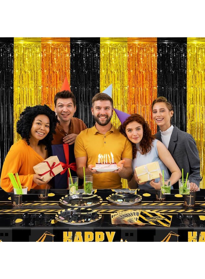 partyzoa 2 Pack Construction Foil Fringe Curtains Backdrop Birthday Party Decorations Supplies, 3.28 x 6.56 Ft Yellow Orange Black Tinsel Streamer Photo Booth Props for Boys Truck Party Decor Favors - Image 3