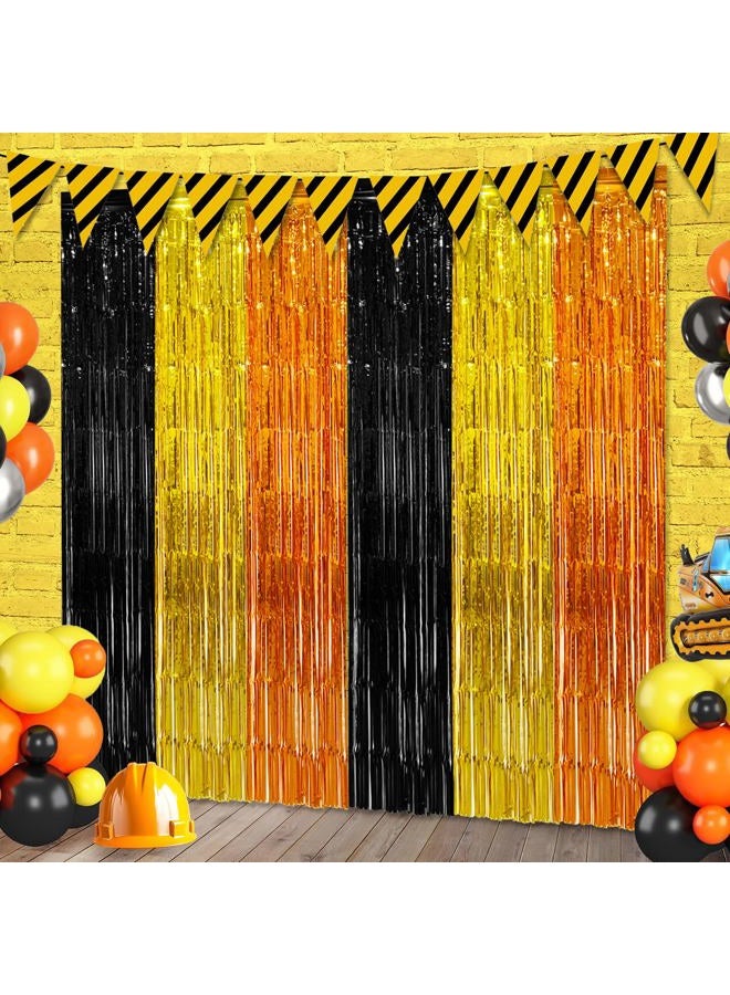 partyzoa 2 Pack Construction Foil Fringe Curtains Backdrop Birthday Party Decorations Supplies, 3.28 x 6.56 Ft Yellow Orange Black Tinsel Streamer Photo Booth Props for Boys Truck Party Decor Favors - Image 1