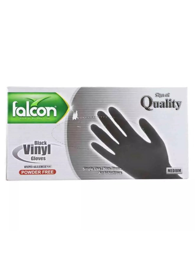 Falcon Falcon Black Vinyl Gloves, Powder Free & Single Use Gloves, Medium Size - Box of 100 Gloves  - Image 1
