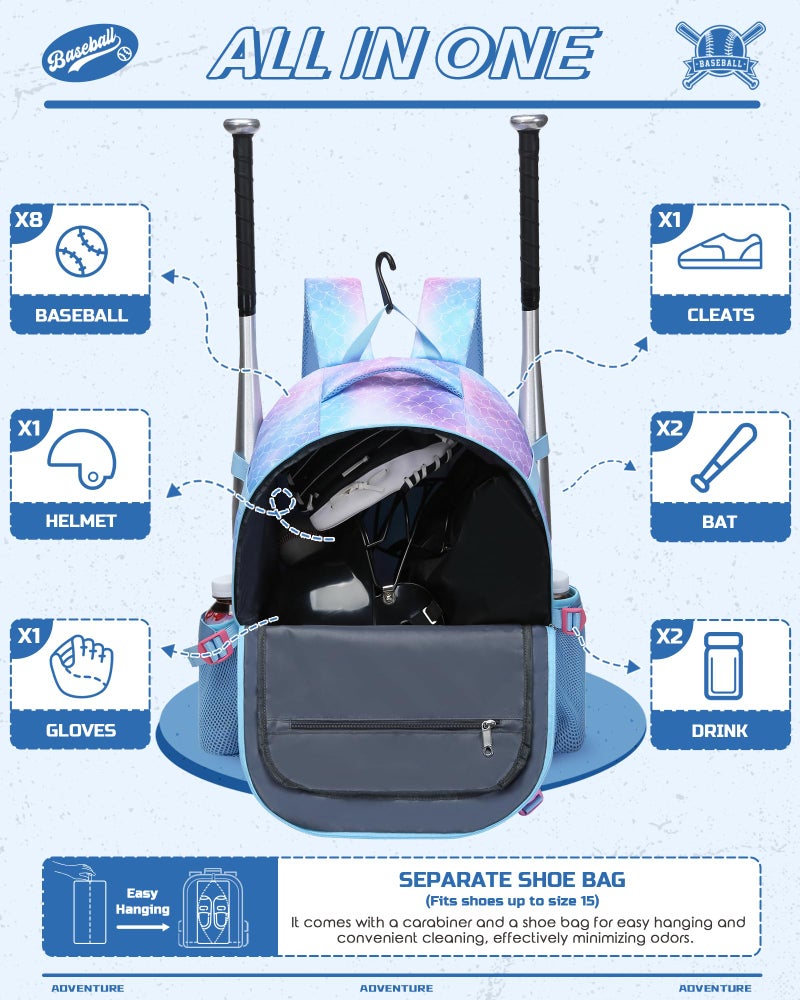 FOKDUVB Baseball Softball Backpack for Kids Boys Girls 6-8 8-12 12-14 Large Youth Bat Bag for Gear Storage Baseball Softball Tball Equipment Back Pack with Separate Shoe Bag (Blue/Purple, Mermaid) - Image 2