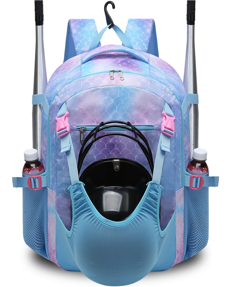 FOKDUVB Baseball Softball Backpack for Kids Boys Girls 6-8 8-12 12-14 Large Youth Bat Bag for Gear Storage Baseball Softball Tball Equipment Back Pack with Separate Shoe Bag (Blue/Purple, Mermaid) - Image 1