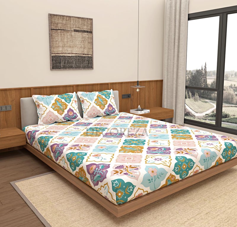 DECOREZA 350 TC Queen Size Elastic Fitted Bedsheet with Deep Pocket Cotton Feel Bed Sheet for Double Bed, Soft, Breathable & Wrinkle-Resistant, Includes 2 Pillow Covers, Size - 60"x78" Mandala Beige - Image 1