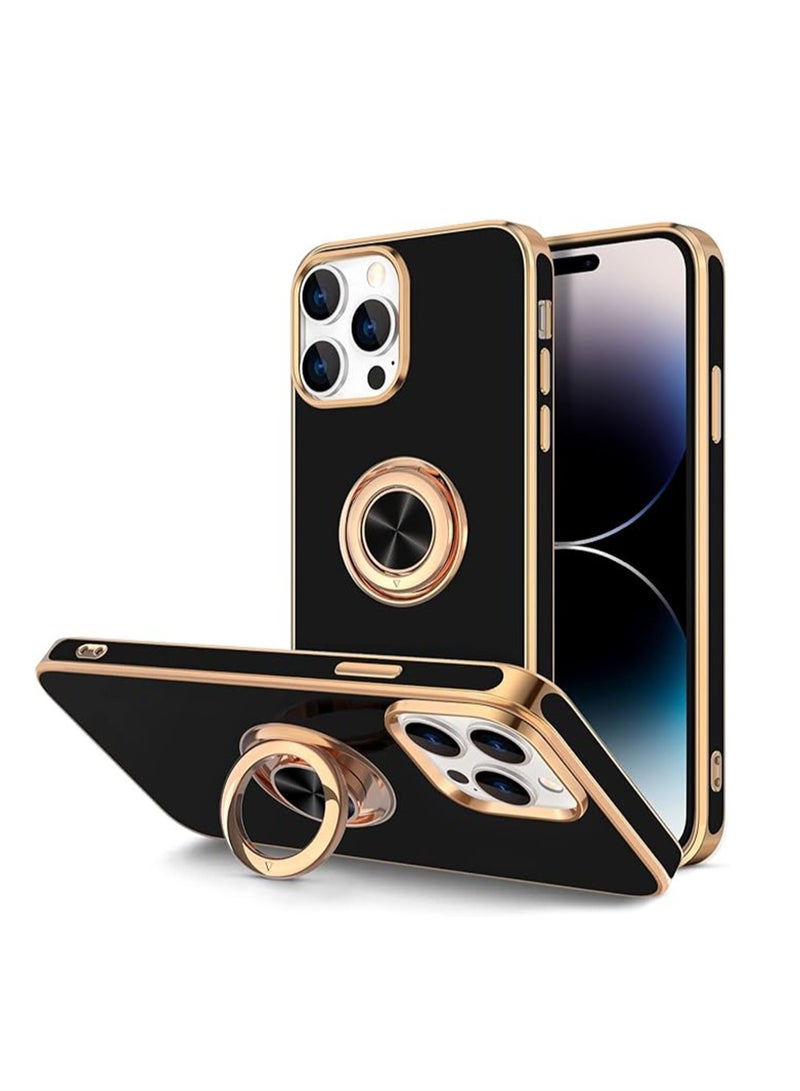 WRISTWISE Case Cover for iPhone 14 Pro Max with Ring Stand [360° Rotatable Ring Holder Magnetic Kickstand] [Support Car Mount] Plated Gold Edge Slim Soft TPU Luxury Protective Phone Case Cover, Black - Image 1
