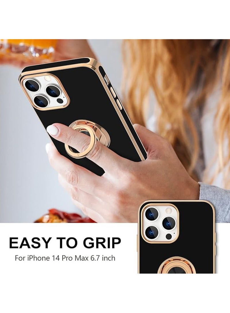 WRISTWISE Case Cover for iPhone 14 Pro Max with Ring Stand [360° Rotatable Ring Holder Magnetic Kickstand] [Support Car Mount] Plated Gold Edge Slim Soft TPU Luxury Protective Phone Case Cover, Black - Image 2