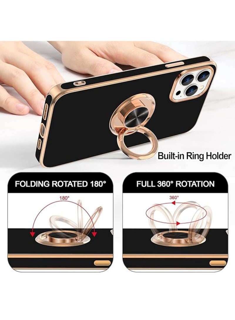 WRISTWISE Case Cover for iPhone 14 Pro Max with Ring Stand [360° Rotatable Ring Holder Magnetic Kickstand] [Support Car Mount] Plated Gold Edge Slim Soft TPU Luxury Protective Phone Case Cover, Black - Image 4