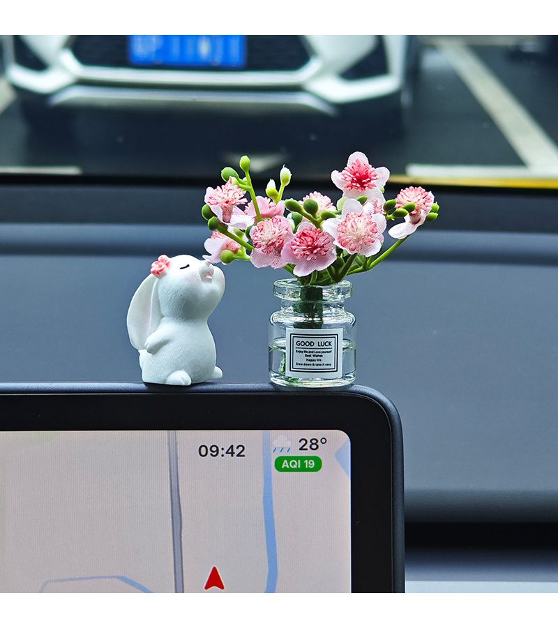 1pc White Jasmine Floral Rabbit Scented Mini Car Perfume Vase No Trace Sticker Cure Wind Decor Central Console Relief Driving Fatigue - Image 1
